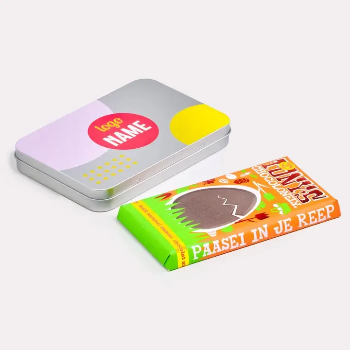 Aluminium blik met chocolade Paasreep – gepersonaliseerd bedrukt